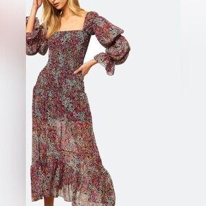 Misa Los Angeles smocked Rashida floral midi dress purple Sz XS